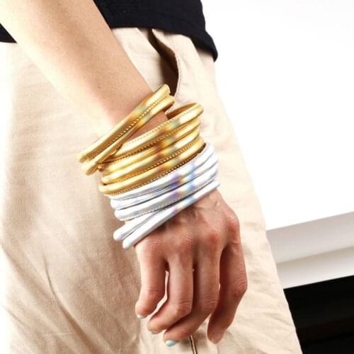 New 5Pc Bohemia Glitter Jelly Bangle Bracelet Set Bowtie PU Leather Hoop Bracelets Powder Lining Fashion Jewelry Lightweight