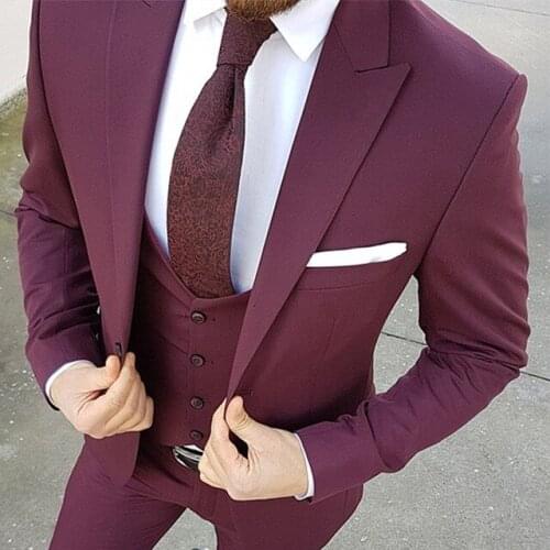 New Arrival Groomsmen Burgundy Groom Tuxedos Peak Lapel Men Suits Wedding Best Man Blazer ( Jacket+Pants+Vest+Tie ) C442