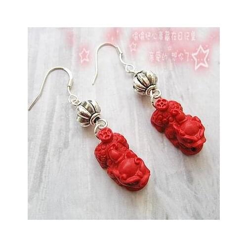 Perfect Luck Mychical Wild Animal Red Carved Cinnabar Earrings, Fashion Womens Carved Lacquerware , S925 Silvers Dangle Earring