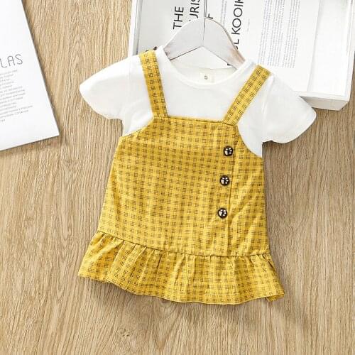 Girl Dress Spring Summer Fashion Cotton Kids Clothes Toddler Baby Girls Clothing Short Sleeve Girls Fake Two Piece Set Dress