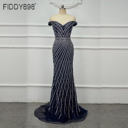 Heavy Beaded Evening Dresses Luxury Dubai Formal Gowns Off Shoulder Navy Blue Long Party Dress Abendkleider Lang