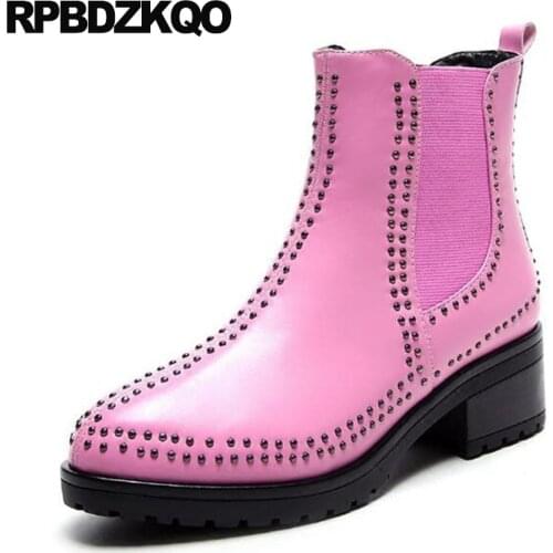 Pink Pointy Genuine Leather Fall Stud Booties Chunky Elastic British Chelsea Slip On Women Ankle Boots Medium Heel Shoes Brand