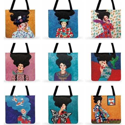 Ladies Shoulder Bag Shiny Oil Painting Girl Art Print Tote Bag For Women Casual Tote Foldable Shopping Bag Outdoor Beach Bag