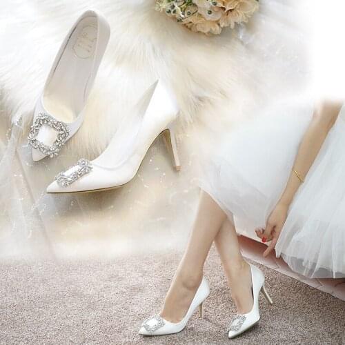 Korean Style Pointed High Heel White Wedding Shoes Rhinestone Bridal Shoes Small Size Shoes 33-43 Sizes Dress Party Shoes