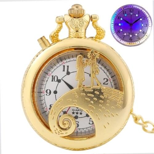 Unique Creative LED Light Display Clock Little Girl Theme Men Women Quartz Pocket Watch with Pendant Chain Night Watches