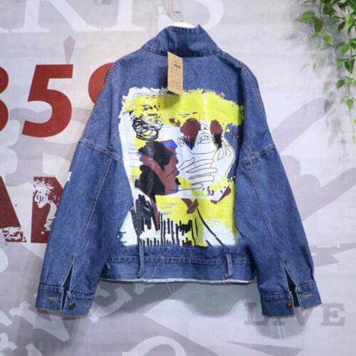 Wenfly Women Denim Jacket Korean Loose Hot Sale Pockets Hand Painted Pattern Coat Letters Printing BF Plus Size Outwear Harajuku