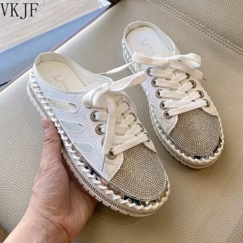 2021Womens Close Toe Slippers Rhinestone Decor Breathable Comfy All Match Lacing Up Casual Slippers