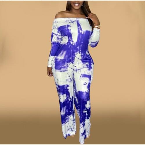 Yellow/blue Tie Dye Print Long Jumpsuit Women Slash Neck Long Sleeve Wide Leg Overall Elegant Ladies Backless Straight Rompers