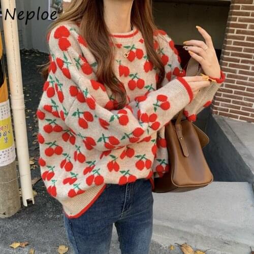 Neploe Print Cherry Womens Sweater Outer Wear Fall/winter Short Knitted Pullover 2021 New Loose Thicken Sweaters Women Coat