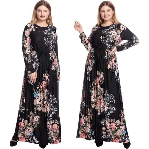 Plus Size New Boho Floral Print Maxi Long Dress Women Holiday Party Gown Draped Long Sleeve Muslim Casual Malaysia Oman Dresses