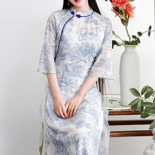Chinese Cheongsam Dresses for Women Traditional Costumes 2021 New Slim Bodycon Floral Print Long Sleeve Slit Long Skirt Retro