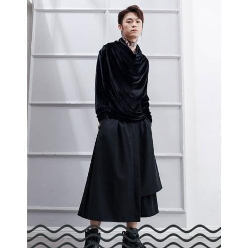 2021 Korean version new handsome fashion mens fashion popular leisure pile collar pleated bottomed long sleeve T-shirt bright