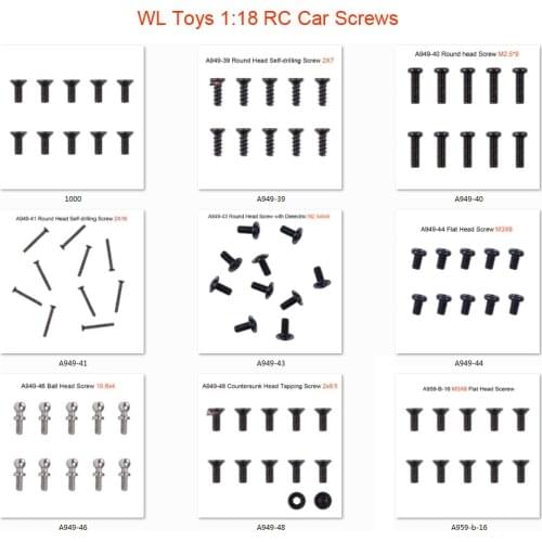 WLtoys 1:18 RC Car Spare Parts Screw A949-39 to A949-48 M2X7,M2.5X8,M2X16,M2.5X6X6,M3X6,M10.8X4,M2X6 RC car Screw for wltoys