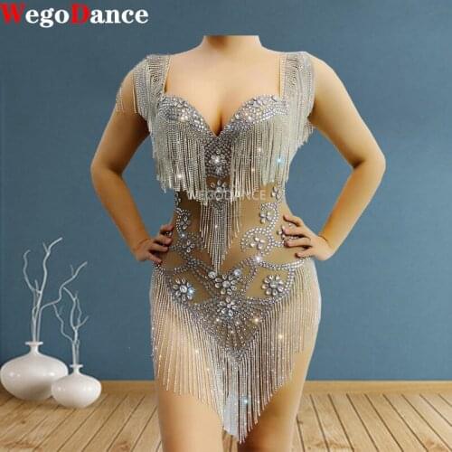 Sparkly Silver Rhinestones Fringe Transparent Women Birthday Celebrate Mesh Outfit Bar Dancer Dress