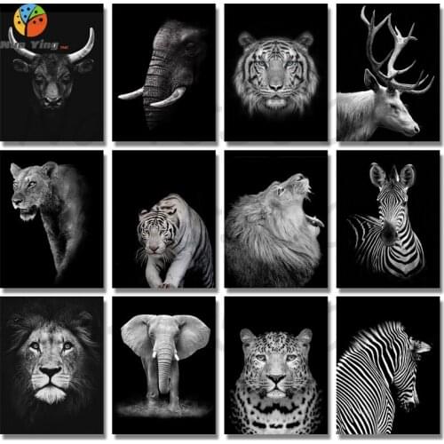Black White Elephant Lion Deer Tiger Leopard, Rhinoceros, Zebra 5D Diamond Embroidery Painting Full Round Drill Diy Mosaic Decor