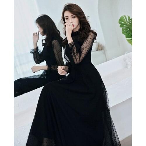 2020 Black/Burgundy Tulle Long Evening Dress Vintage Dot Long-sleeve See Through Evening Party Gowns Elegant Formal Dresses New