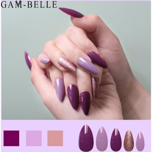 GAM-BELLE Glitter Solid Color Fake Nails French Almond Full False Nails Artificial Press On Nail Tips DIY Manicure Nail Art Tool