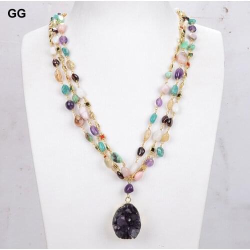 GG Jewelry Natural Multi Semiprecious Quartzs Rosary Chain Necklace Amethysts Druzy Pendant 23" For Women Punk Jewelry