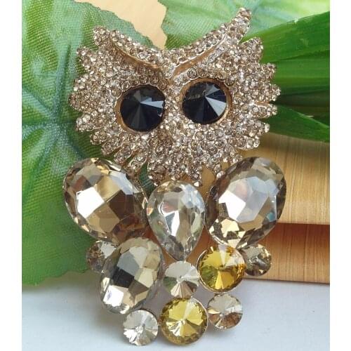 HelenaJewelry 2.56" Gold-tone Brown Rhinestone Crystal Owl Brooch Pin EE06510C2