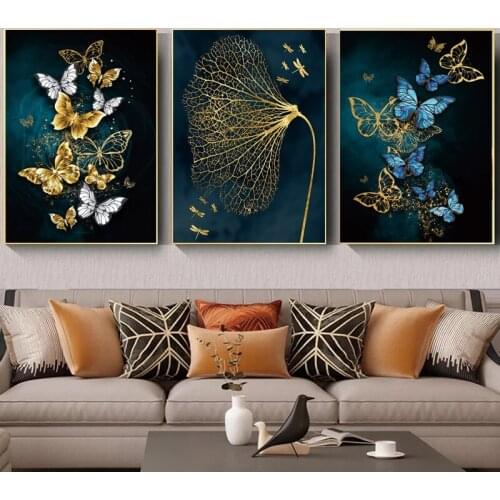 Blue Gold Butterfly Picture Modern Minimalist Poster Canvas Wall Canvas Painting Mural Decoration for Living Room Home Decor