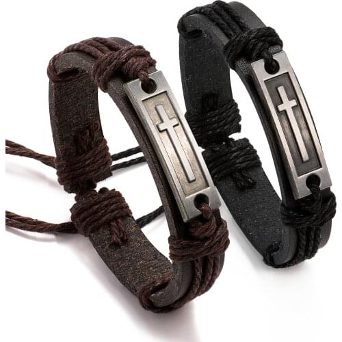 Kirykle Brown Black Cross Leather Bracelet For Men Women Jesus Christian Religious Vintage Jewelry Bracelets & Bangles Hot Sell