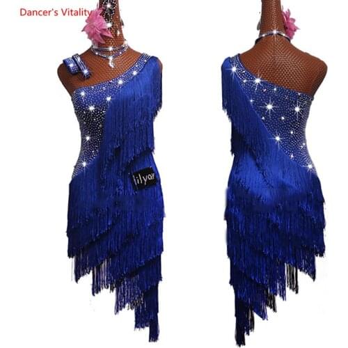 Latin Dance Competition Dress Women Rhinestone Dress Blue Tassels Dress Rumba Dress Stage Wear Gatsby Dance Clothes Women