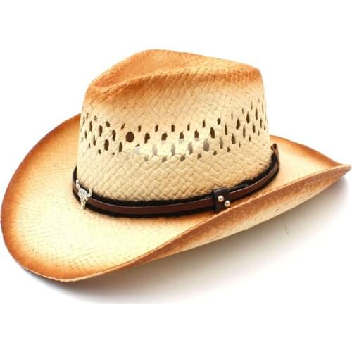 Fashion Women Men Western Cowboy Hat With Bull Head Band Straw Lady Dad Beach Sun Sombrero Cap Mesh Cowgirl Jazz Hat Size 58CM