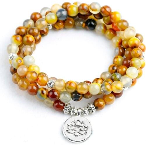 Natural Yellow Flower Stone Women`s Bracelet Mala Beads Bracelet or Necklace Men Life Tree Charm Bracelet Yoga Jewelry
