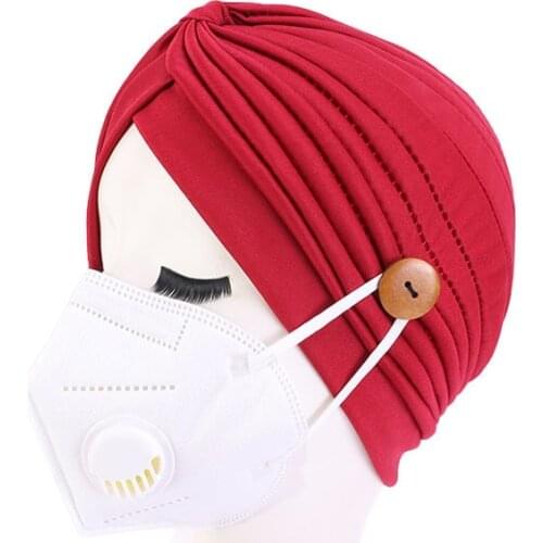 New Solid Color Indian Button Mask Hat Women Bandana Head Wrap Scarf Cap Women Soft Turban Hats Muslim India Hat High Quality