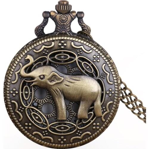 New Arrival Bronze Elephant Pocket Watches Chains Steampunk Hollow Quartz Pocket Watch Necklace Pendent For Men Women Gifts