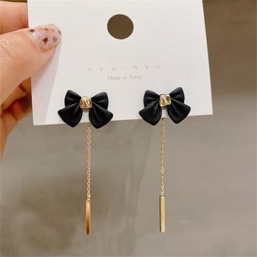 New Korean Sweet Gold Alloy Black Bows metal Tassel Ear Thread Dangling Earring Women Fashion Accessories Trends 2021 Style