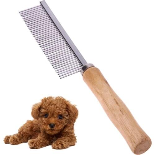 20cm Stainless Steel Close Teeth Pet Comb Dogs Cats Hair Removal Single Row Straight Comb Wooden Handle Grooming Goods Supplies