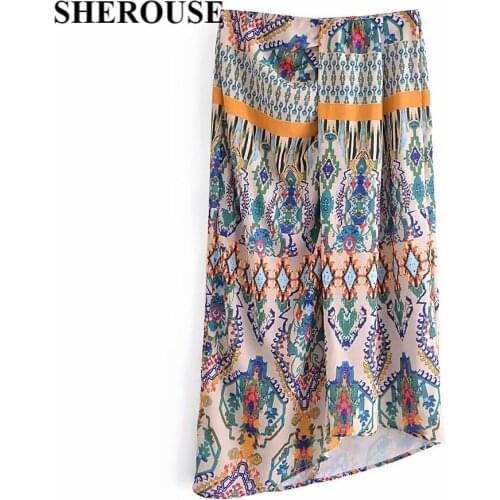 SHEROUSE 2021 Women Fashion Floral Printed Split Midi Skirt Back Zipper High Waist Vintage Female Skirts Chic Woman jupe