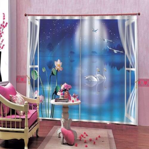 Chinese Style 3D Swan Lake Lotus Curtain For Living Room Bedroom Night starry sky Blackout Window Drapes Indoor Decor Sets