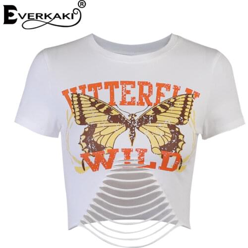Everkaki Retro Butterfly Print Hollow Out T-shirts Women Summer Sexy Streetwear Punk Y2K Tees Boho Crop Tops T-shirt Female 2021