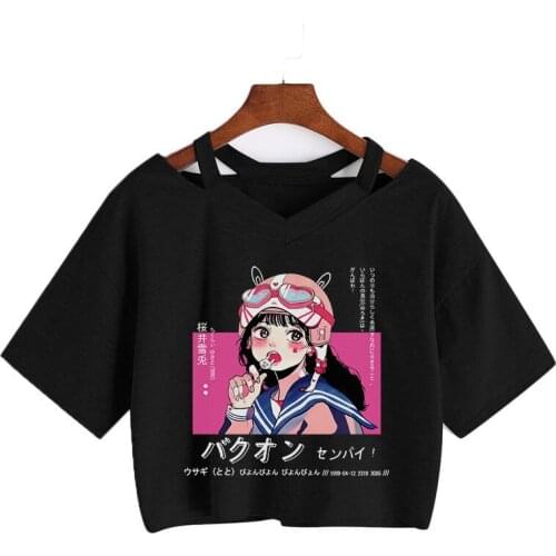 Punk Girl Anime Kawaii Summer Femme T-shirts Short Sleeve Gothic Tops Harajuku Loose Cropped Tees Streetwear V-neck Sexy shirt
