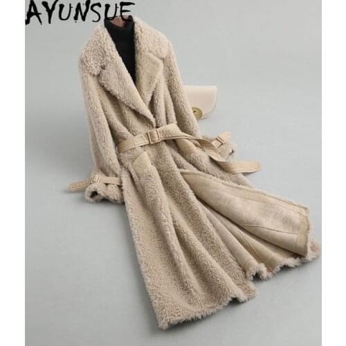 AYUNSUE Womens Fur Coat Sheep Shearling Real Fur Coats Winter Jacket Women 100% Wool Coat with Leather Belt Korean Long Jackets