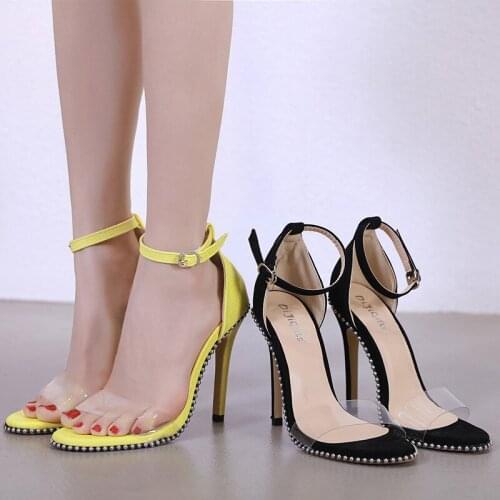 Women Ankle Strap Sandals 12cm Heels Yellow Sandals Shoeswoman Transparent Rivets High Heels Sandals Large Size womens Shoes