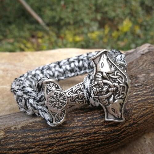 Viking Rune bead Paracord Bracelets Thor Mjolnir Hammer Amulet Rune Knot Scandinavian Bracelet Light Camo Paracord