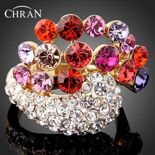 Chran Gold Color Charm Sparkling Crystal Flower Finger Rings for Women