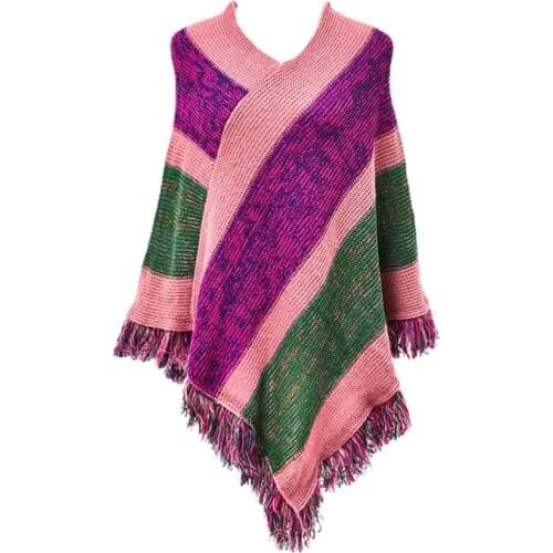 Women Ethnic Knitted Pashmina Poncho Cape Color Block Striped Tassels Pullover Sweater V-Neck Winter Warm Shawl Wrap Top