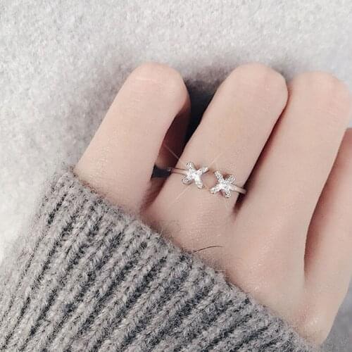 925 Sterling Silver Jewelry Retro Originality Open Cross Shape Shiny Zircon Resizable Ring Women Personality Finger Bague