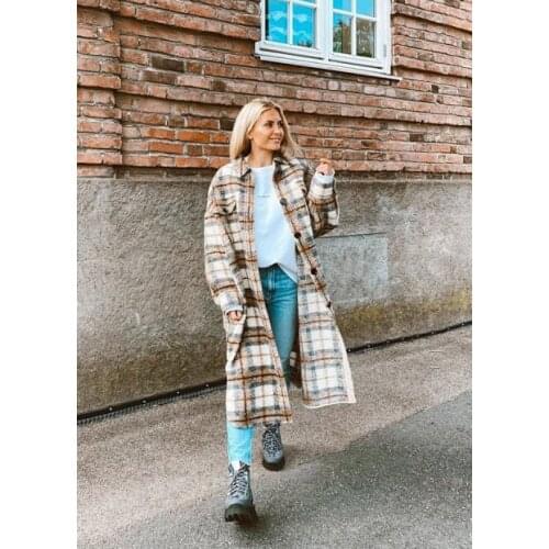 Ladies Long Sleeve Wool Blend Contrast Color Plaid Long Jacket Coat - Women F/W Woolen Contour Gingham Checkered Outerwear