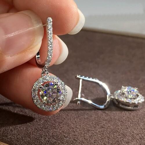 10K Au417 White Gold Women Stud Drop Hoop Clip Earrings Moissanite Diamonds Round Classic Wedding Party Engagement Anniversary