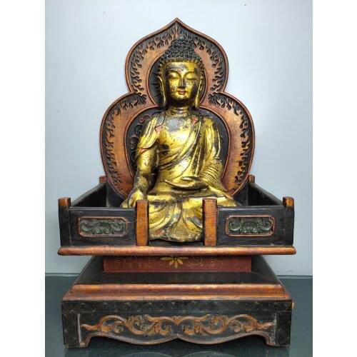 19"Chinese temple collection Old Bronze Lacquer Cinnabar Shakyamuni Buddha Statue Old lacquered wood Buddhist altar Buddha