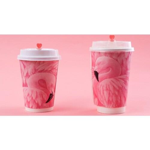 50pcs High quality flamingo pink cup 400ml 500ml birthday wedding party favor cold hot drink coffee tea paper cup with love lid