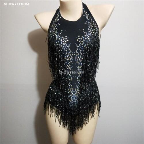 Sparkly black Tassel Bodysuit Rhinestones Outfit Glisten Beads Costume One-piece Dance Wear Singer Stage Leotard Headdress