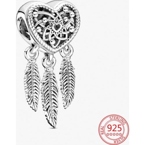New S925 Sterling Silver Openwork Heart Three Feathers Charm Bead Fit Pandora Bracelet DIY Charms Making Jewelry Gift for Women