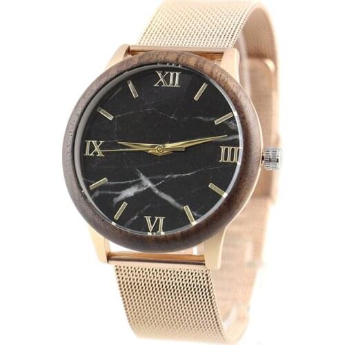 2020 Birthday Gift Minimal Ladies Roman Numeral Rose Gold Color Mesh Band Marble Dial Walnut Wood Watch for Women