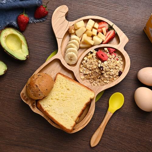 Wooden Elephant Baby Dinner Plate 3 Grid Food Plate Fruit Tray Snack Plate Cute With Spoon Family Picnic For Kids Baby Feeding